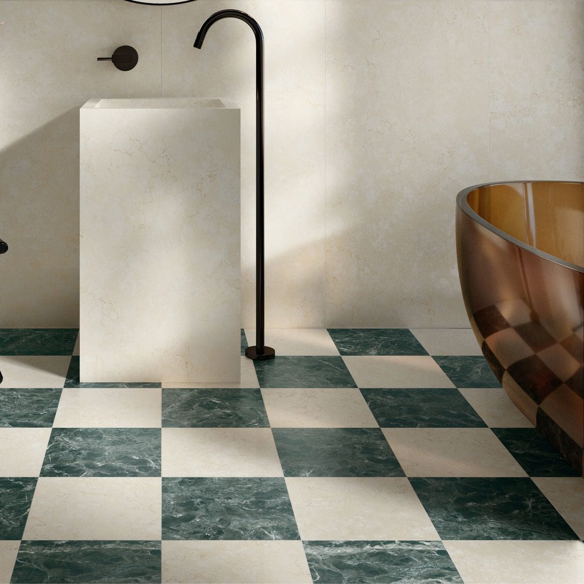 A modern bathroom interior featuring a checkered floor of sillara white and green square marble effect tiles, a white pedestal sink, a matte black gooseneck faucet, and part of a copper freestanding bathtub.

layout-bathroom