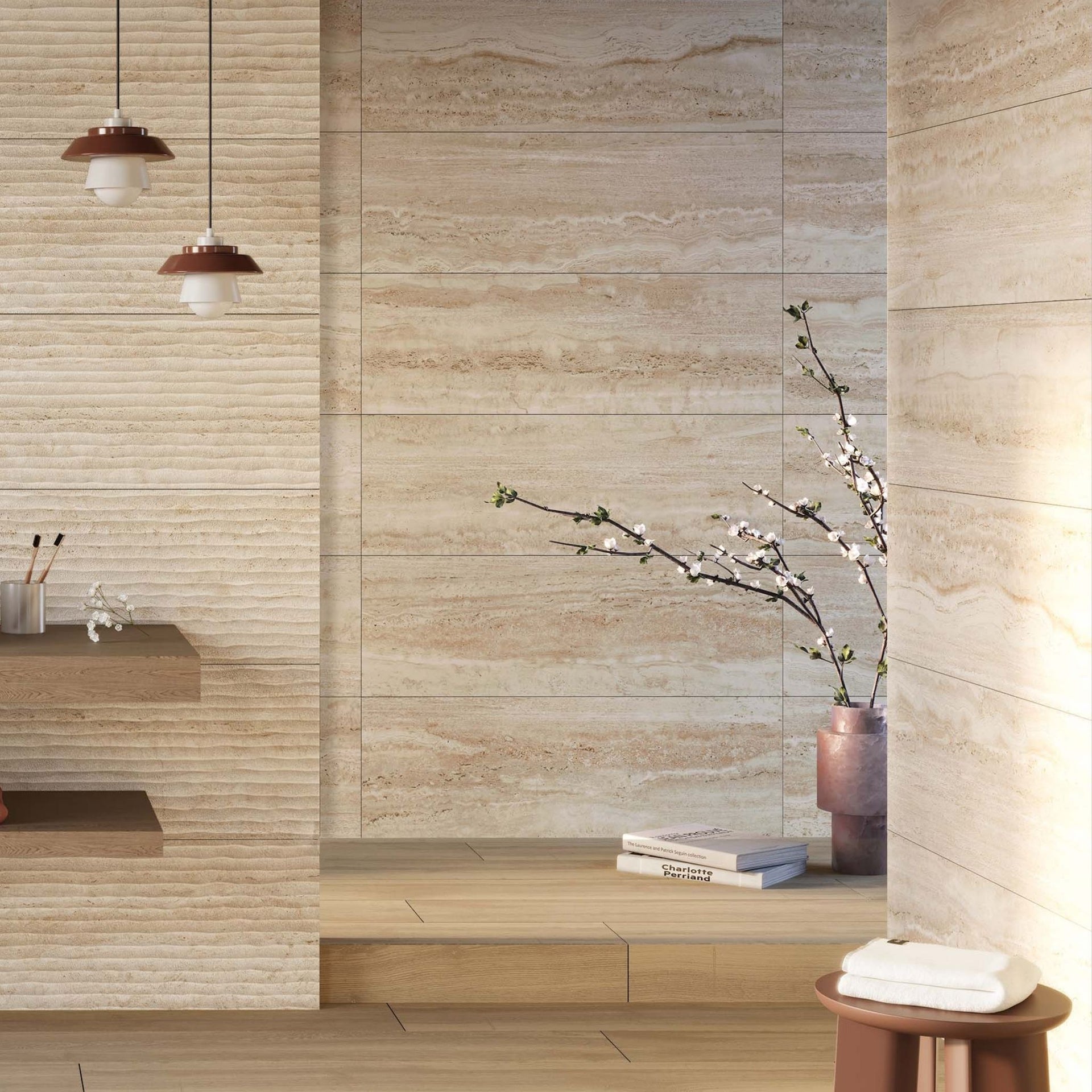 bathroom with sunstone warm beige wall tiles