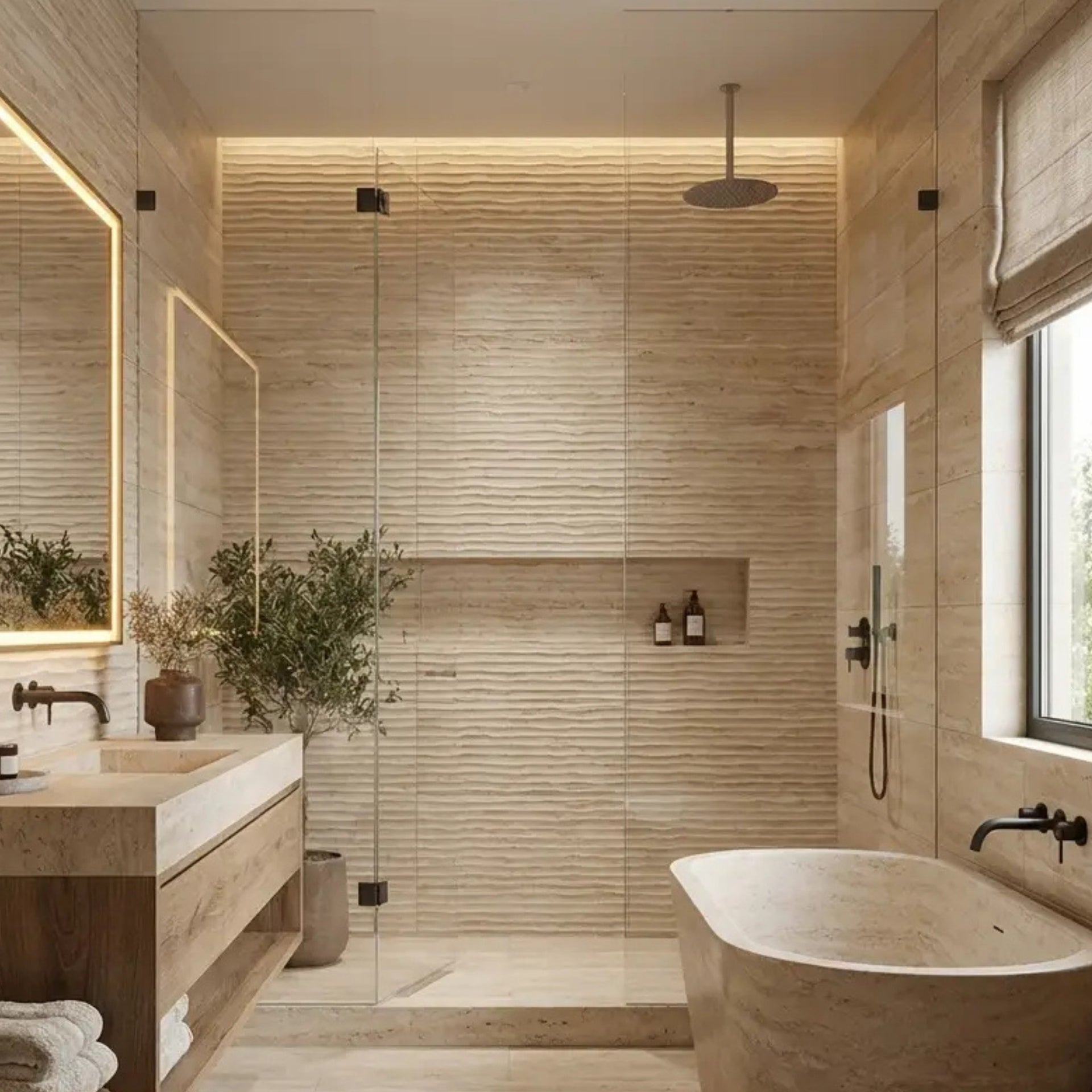 Modern bathroom on sunstone wave decor wall tiles, with a bathtub, and a shower area.