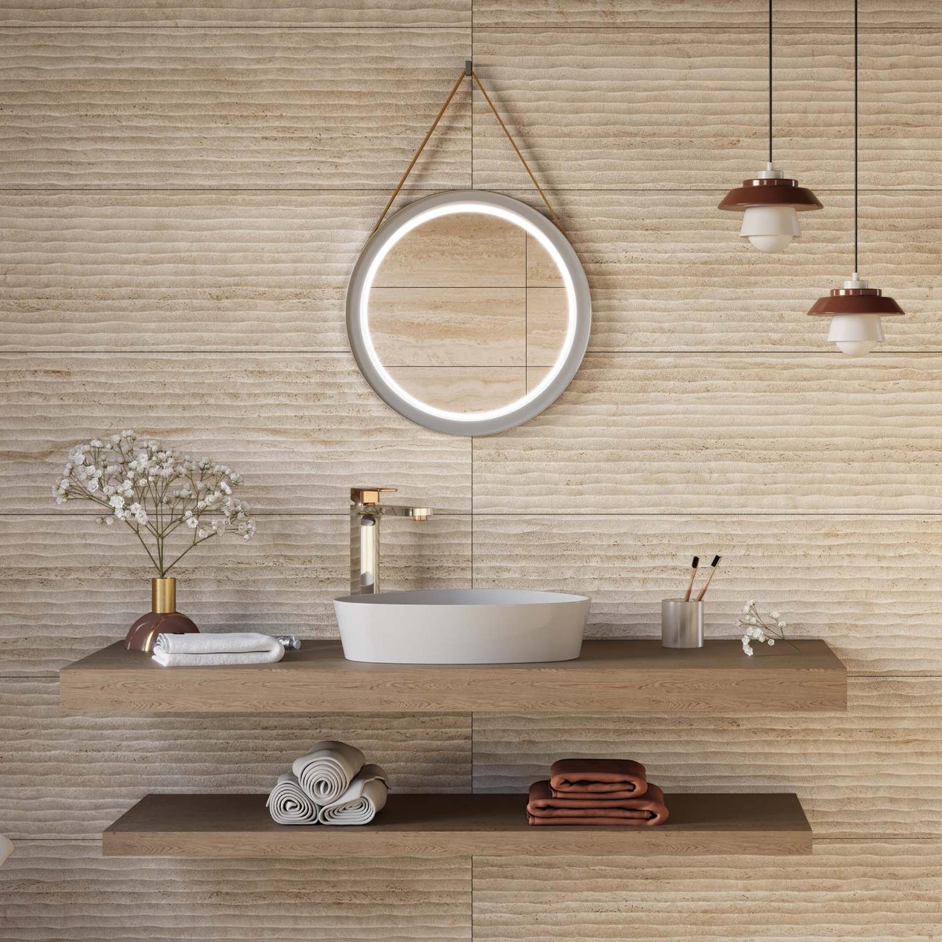 Modern bathroom with wooden vanity obn sunstone wave decor beige wall tiles, round mirror, and decorative elements.