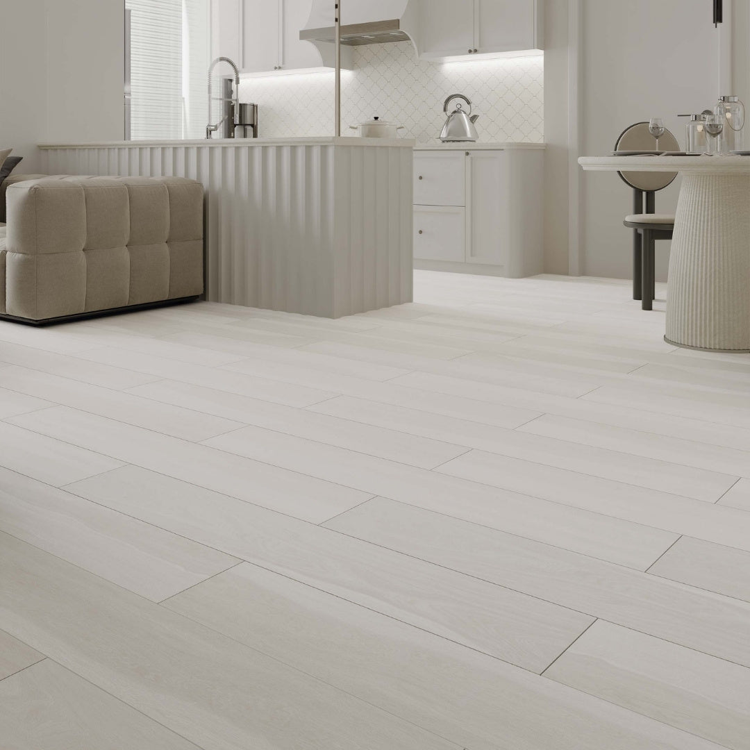 Modern kitchen with porcelain white wooden flooring and white cabinetry