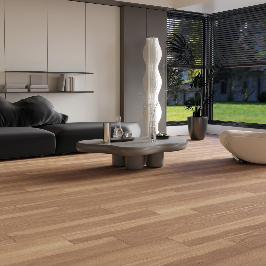 Modern living room with porcelain wooden floor tiles, greysofa, and decorative elements.
