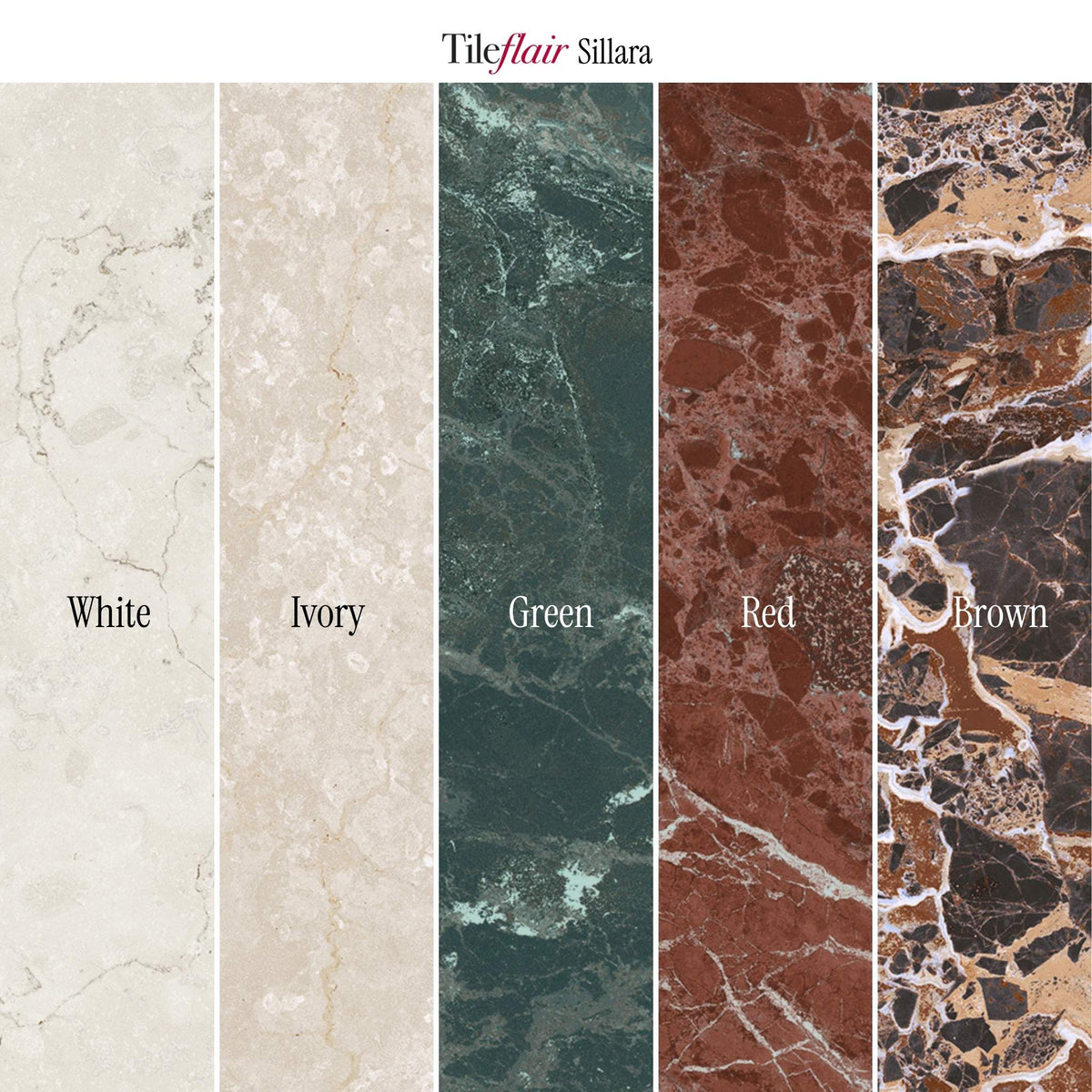 A vertical colour comparison swatch showing Tileflair Sillara marble and stone-look color options - Alabaster White, Limestone Ivory, Jade Green, Terracotta Red, and Espresso Brown.