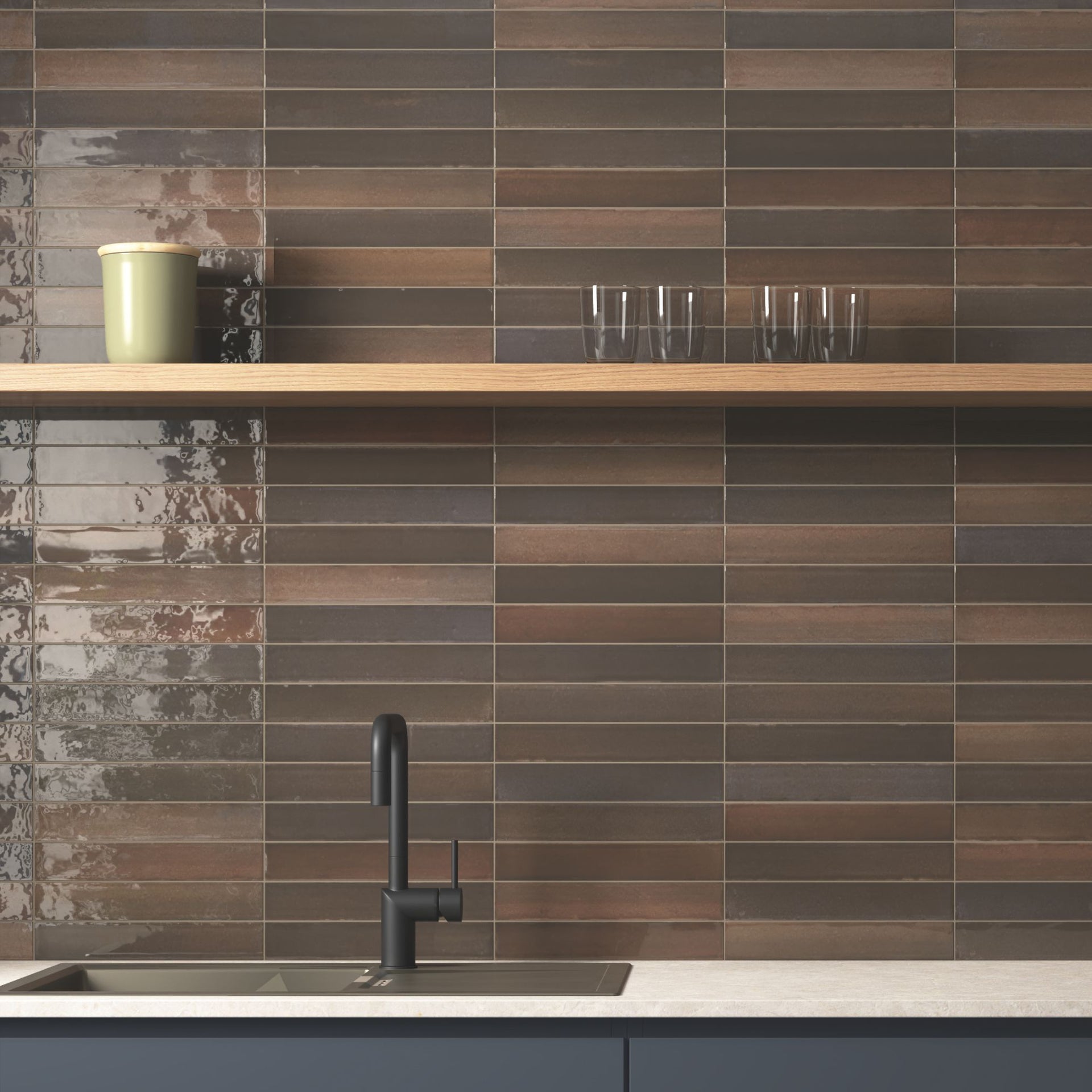 Modern kitchen with wooden shelf, Tortosa brown gloss tiled wall, and black faucet.

layout-kitchen