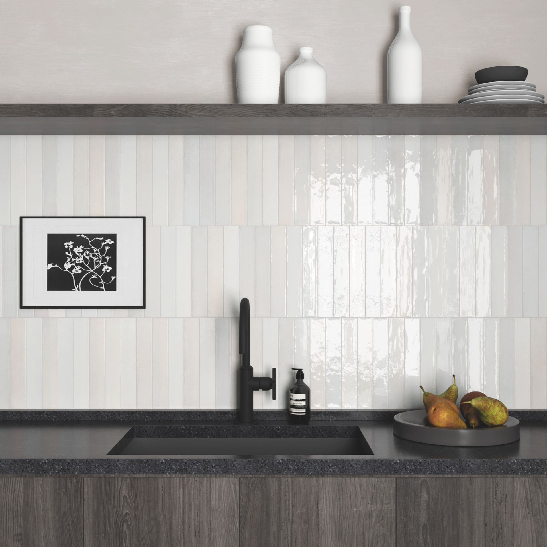 white glossy wall backsplash tiles on a modern kitchen, with wooden and black minimalist fixtures and elements.

layout-kitchen