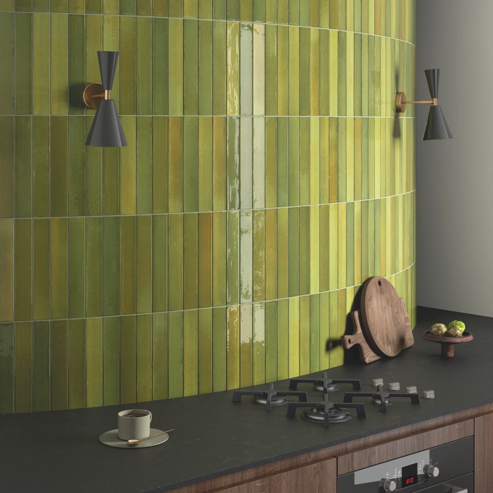 Kitchen with green Tortosa gloss tiled wall and black countertop

layout-kitchen