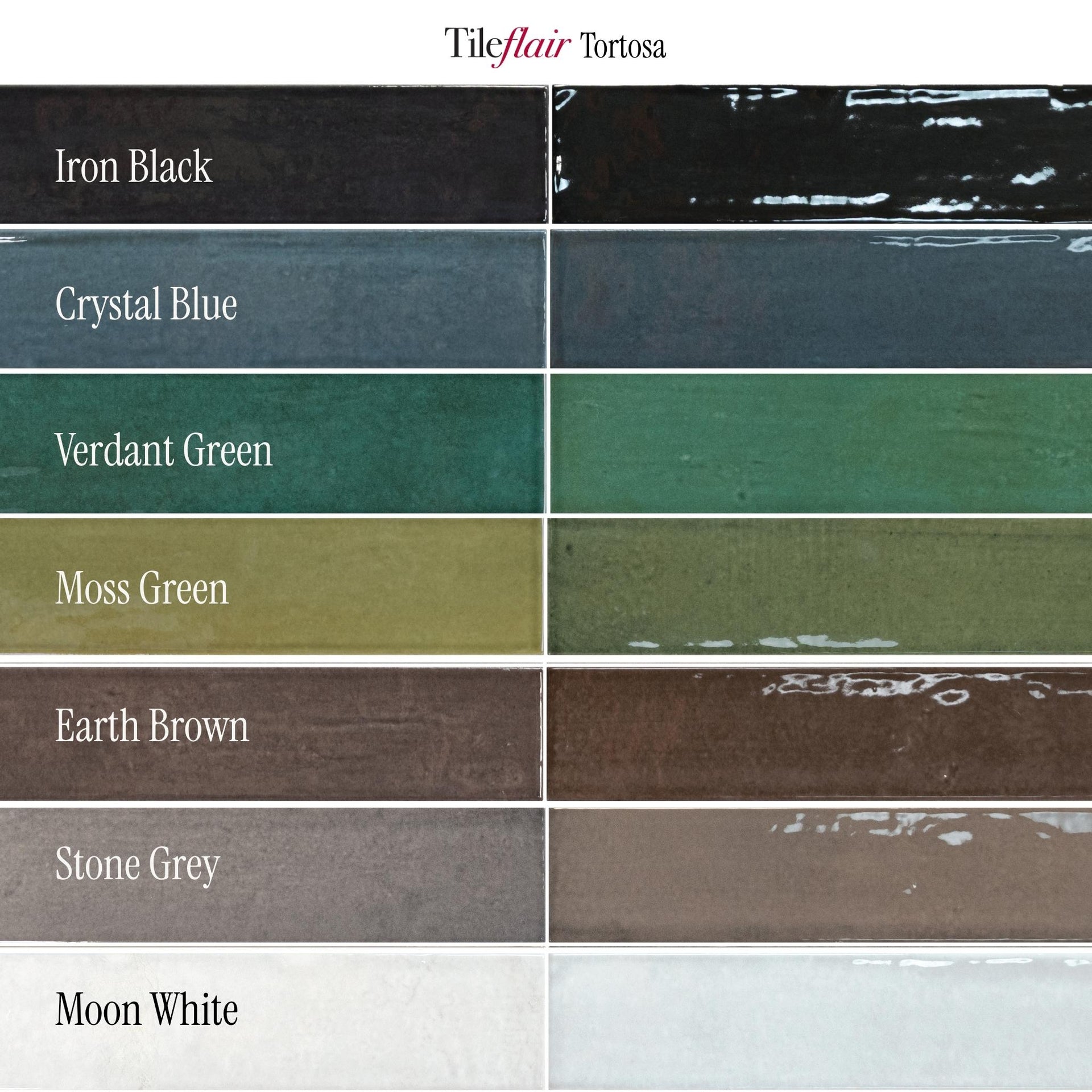 Tileflair Tortosa tile chart showing multiple colour options in a side-by-side format, including Iron Black, Crystal Blue, Verdant Green, Moss Green, Earth Brown, Stone Grey, and Moon White.