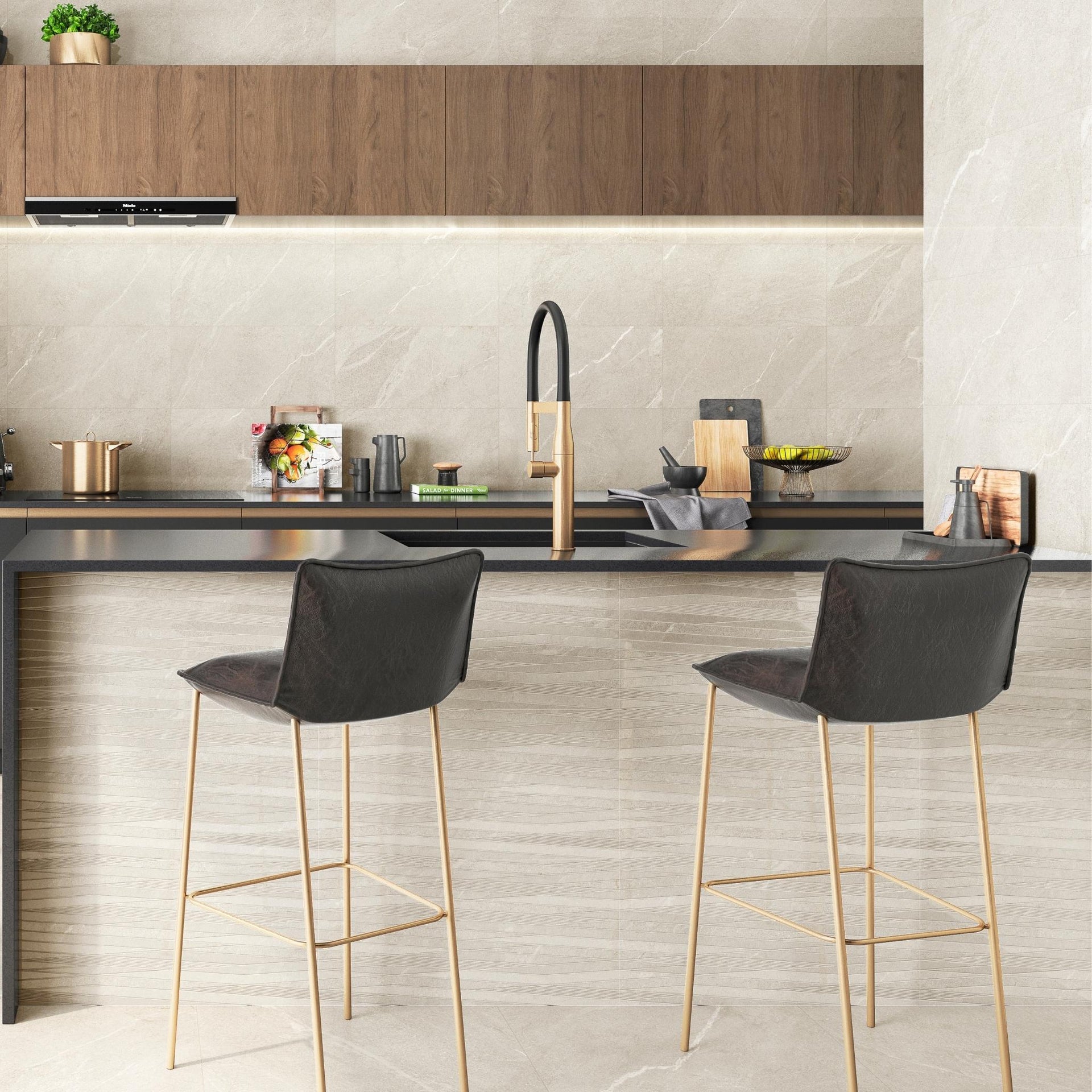 Modern kitchen with bar stools and glossy beige wave decorative tiles on the counter