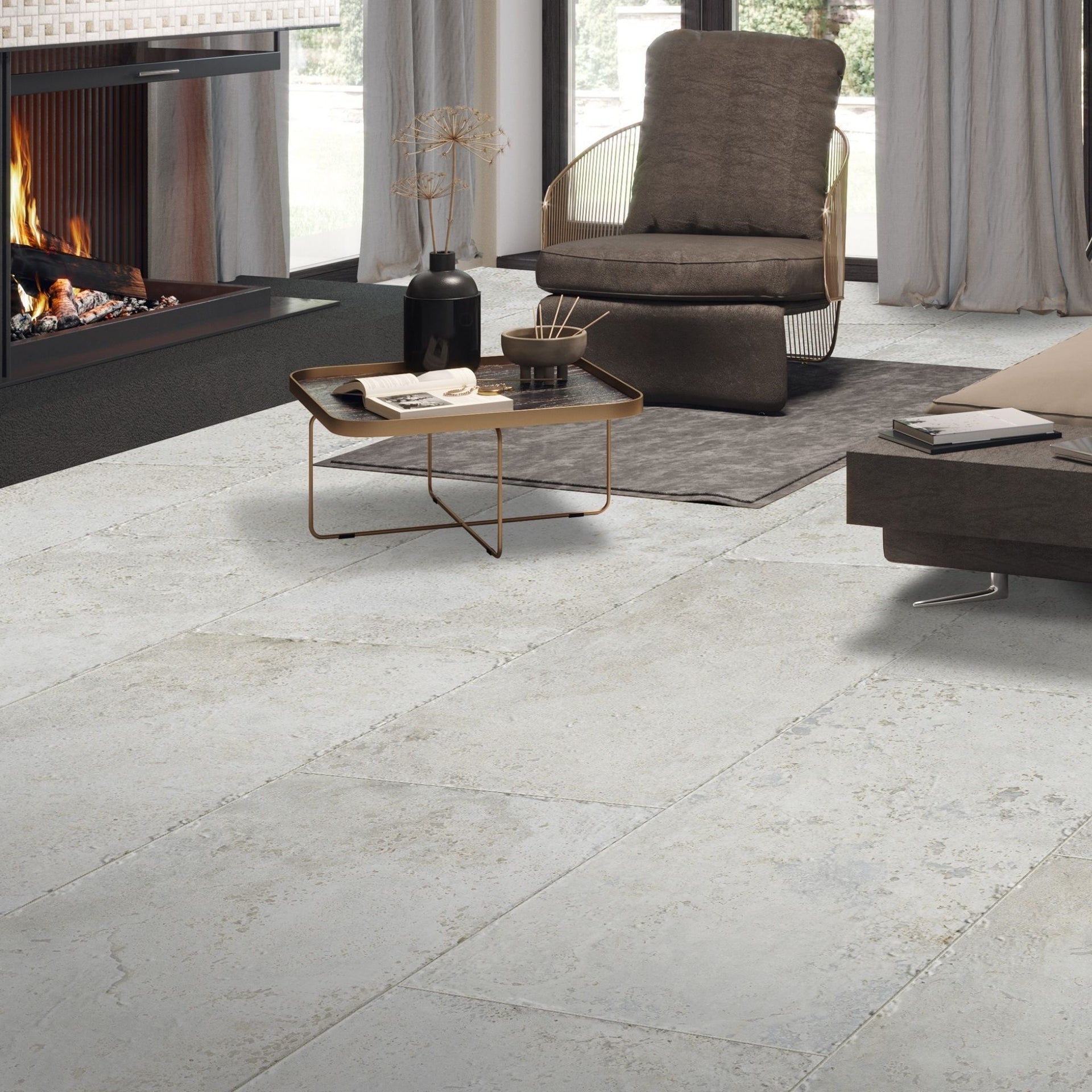 Modern living room with winstone white floor tiles, furniture, and a fireplace.
