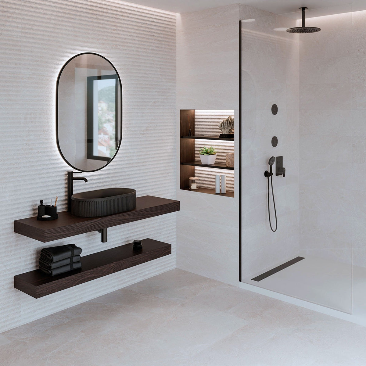 Modern bathroom featuring Zamora White wall, decor, and floor tiles. interior with a wall-mounted dark wood vanity, oval backlit mirror, black vessel sink, built-in shelves, and a glass shower enclosure.

layout-bathroom

